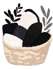 Fototapeta premium Stylish woven basket filled with black and white decorative items and greenery in a minimalist design