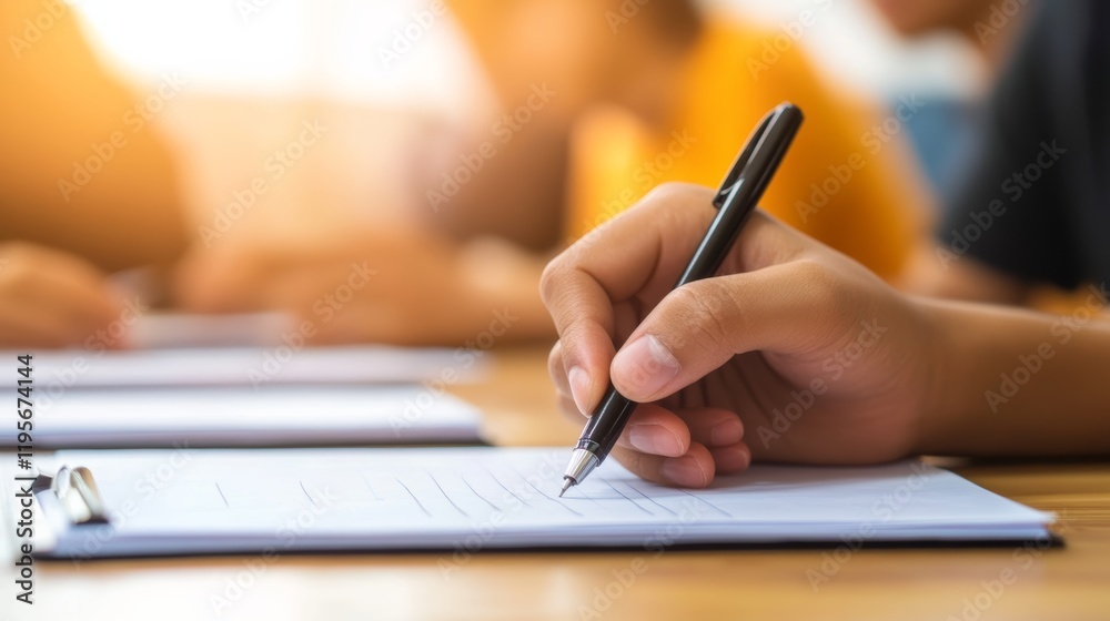 Poster Close up hand of university student writing notes with pen on notebook paper during lecture in classroom with blurred students in background