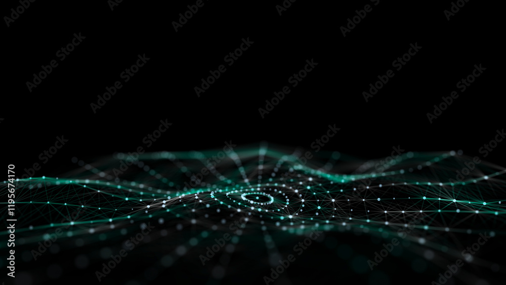 Poster Abstract circle wave with green light on black background. Science background with moving dots and lines. Network connection technology. Digital structure with particles. 3d rendering.