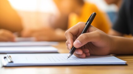 Close up hand of university student writing notes with pen on notebook paper during lecture in classroom with blurred students in background