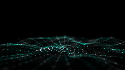 Abstract circle wave with green light on black background. Science background with moving dots and lines. Network connection technology. Digital structure with particles. 3d rendering.