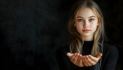 Young Russian girl holding something in her palm, with copy space for adding text or design