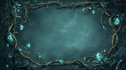 Enchanted Forest Frame: An intricate frame of twisting vines adorned with ethereal glowing blossoms, set against a dreamy blue-green background. The vines wind and curl with captivating elegance.