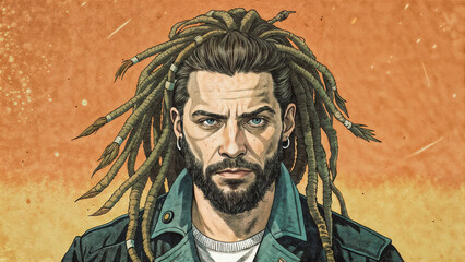 Fototapeta premium Confident man with dreadlocks and earrings posing against textured backdrop