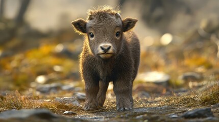 Fototapeta premium Cute baby bison calf standing on a rocky path in nature