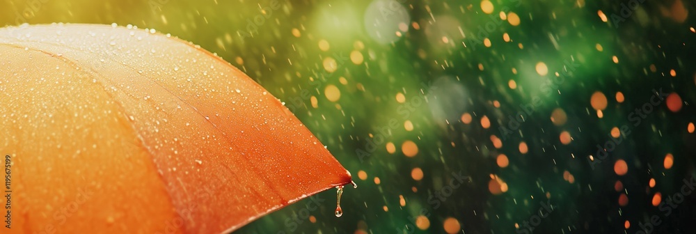 Poster close up of bright orange umbrella with water droplets dripping off during a sunny rainy day, with b