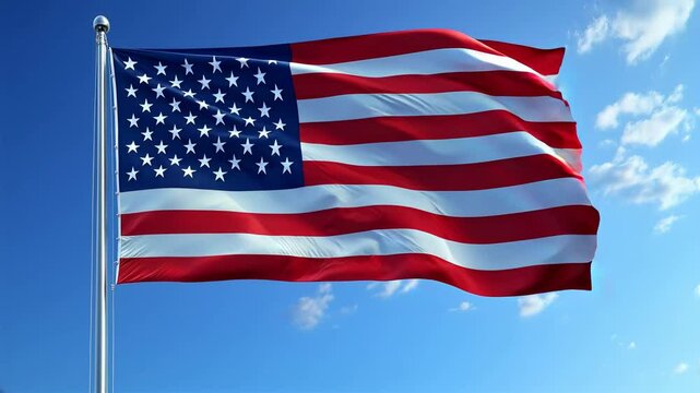 Waving American flag under clear blue sky during daylight hours in a peaceful setting
