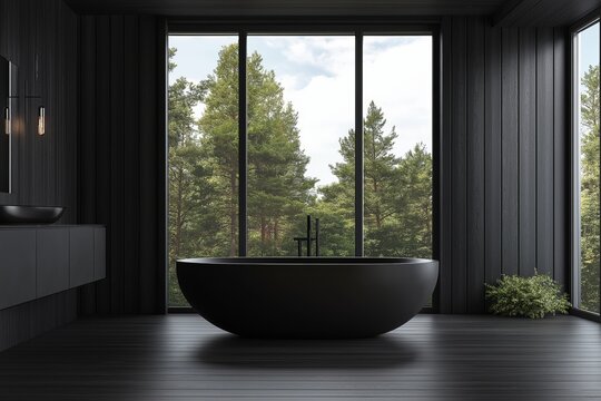 Spacious black bathroom with a freestanding bathtub, large floor-to-ceiling window offering natural light, and black wood-textured walls.