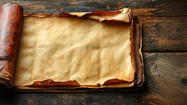 Ancient scroll on a weathered wooden table displaying an empty parchment ready for writing