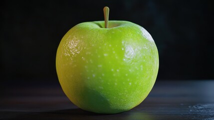 Fresh green apple on wooden surface with dark background