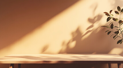 Behold a tasteful mock-up for presentations, an empty table against a bright brown wall, accentuated by leaf shadows and a wooden desk. conceived by ai. Leafshadow. Illustration