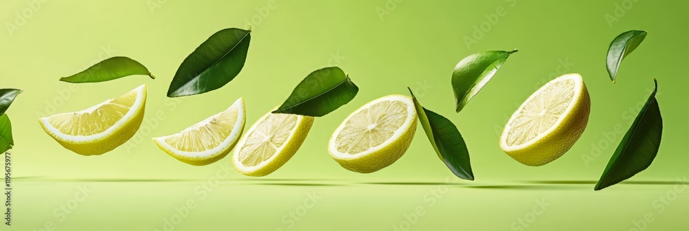 Poster lemon slices and vibrant green leaves levitating against a lively green background create a refreshi