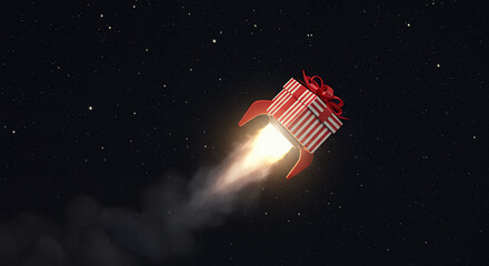Gift Rocket Launching into Space - Festive Holiday Background