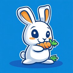 Cute cartoon rabbit eating carrot, vibrant blue background