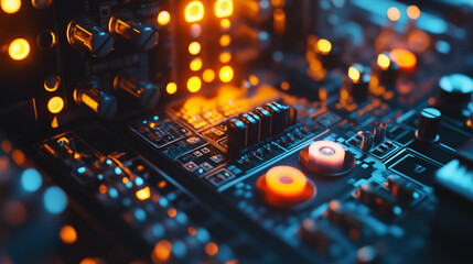 Fototapeta premium Close-up of blinking indicator lights on advanced laboratory equipment, illuminated components in scientific setup