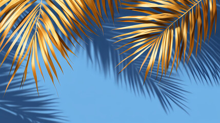 Obraz premium Palm leaves on blue background with shadow of palm tree leaf. Leafshadow. Illustration
