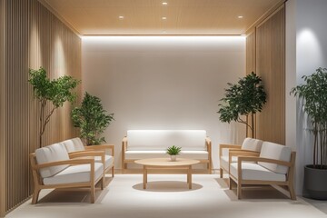 Fototapeta premium A calm and relaxing office design with minimalistic furniture, wooden accents, and plants around the space