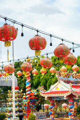 Chinese lanterns are decorated at Chinese temples, hung for Prosperity, Happiness, and Good Fortune, and celebrate the Chinese New Year at the shrine-vertical image.