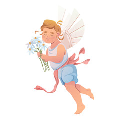 Angle with flowers or vector cupid with chamomile. Greeting card for valentines day or loving symbol, affection element and cartoon romantic wedding emblem. Romance and marriage, relationship holiday
