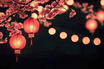 Obraz premium Chinese lanterns and cherry blossoms in the night sky, symbolizing hope for new beginnings during the Chinese New Year, with a dark background and bokeh lights. Ideal for festive designs