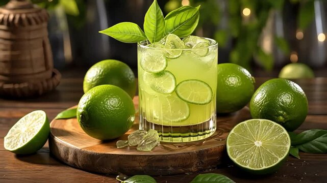 Refreshing lime cocktail with fresh limes and ice on wooden table