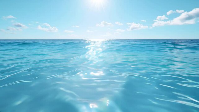 Bright sun reflecting on serene ocean waves with clear blue sky and scattered clouds during a tranquil midday
