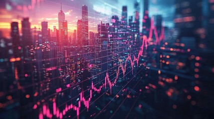 Naklejka premium Modern City Skyline with Trading Graph Overlay at Dusk