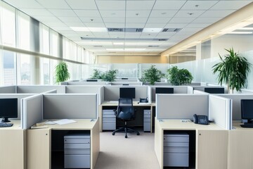 A clean and minimalistic office layout with empty cubicles, sleek desks, and tidy surroundings