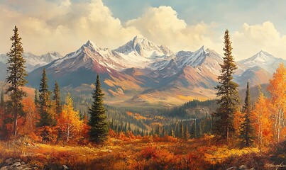 Obraz premium A sweeping panorama of alpine mountains adorned with autumn colors