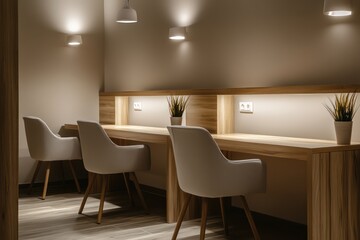 A clean and stylish office with contemporary chairs, wooden desks, and soft lighting