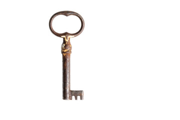 Old metal key with unique design held against a plain background showcasing intricate details and aged texture
