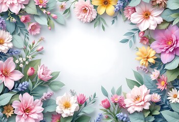 Fototapeta premium Flowery border with pink, yellow, and blue flowers. Flowers. Pattern. Art. Clipart. Background