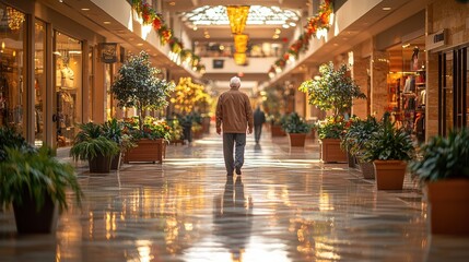Obraz premium Person Walking in a Brightly Lit Indoor Shopping Mall