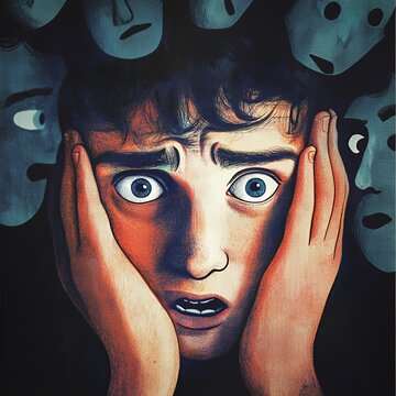 Close-up drawing of a young man with scared face. 