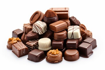 Obraz premium Delicious assorted chocolate pralines forming a small mountain on white background