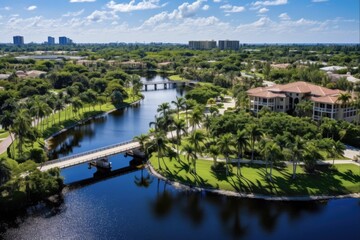 Fototapeta premium Aerial View of Boca Raton's Gated Community, Surrounded by Beautiful Green Landscape and River Waters