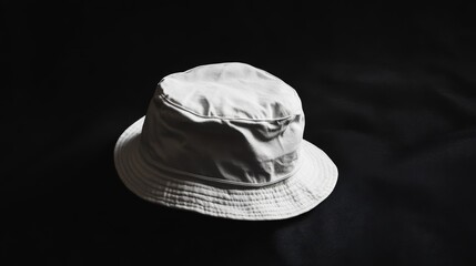 White bucket hat on black background.