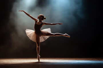 Elegant ballerina performing a perfect grand jete across the stage, mid-air capture, dramatic spotlight creating dynamic shadows.