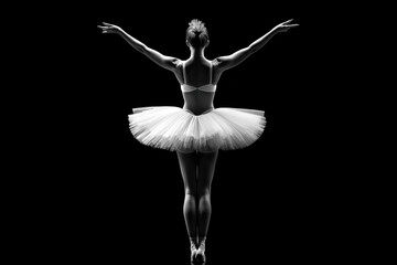 Elegant ballerina standing en pointe, arms raised gracefully, wearing a classic white tutu with a dramatic black backdrop.