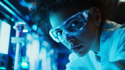 Female Scientist Exploring Groundbreaking Technology With Determination in a Futuristic Laboratory Environment