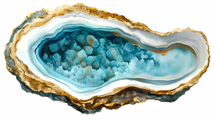 Turquoise and gold geode inspired oyster shell on white background, ideal for decorative, jewelry or coastal themed designs. crystalpath. illustration. Crystalpath. Illustration