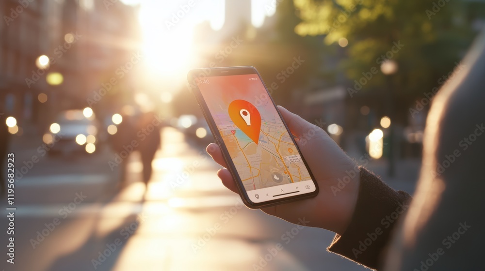 Aufkleber businesswoman holding smartphone displaying navigation map with location pin in urban environment at