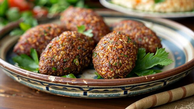 Crispy Kibbeh Traditional Middle Eastern Appetizer on Decorative Plate, Garnished with Fresh Parsley and Spices for Flavorful Food Experience.