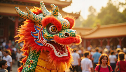 Fototapeta premium Vibrant dragon head costume celebrating cultural event at temple, tradition