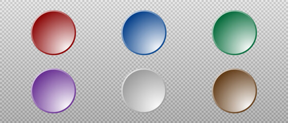 Set of round buttons in different colors (red, blue, green, purple, gray, brown) on transparent background.  Suitable for web design, icons or interface elements. Vector illustration.