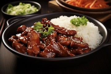 Bourbon Chicken with Spicy Whiskey Sauce Served with Rice on Plate - Delicious Horizontal Shot of BBQ Grilled Fried Pork Meat Dinner