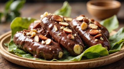 Chocolate Covered Bananas with Nuts on Plate, Close-up