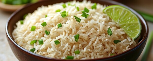 A bowl of fluffy rice garnished with green onions and a slice of lime, creating a vibrant and appetizing dish.