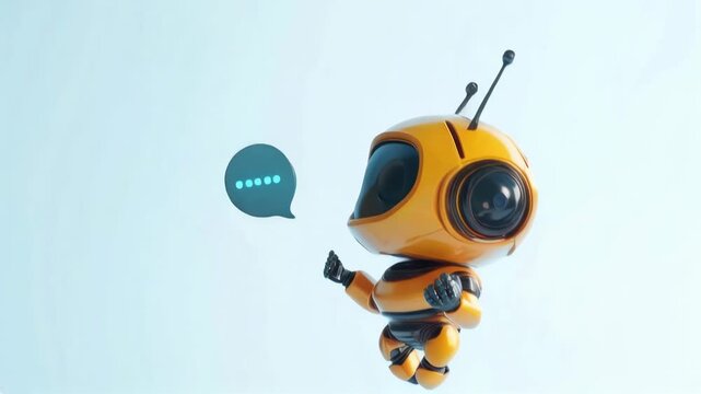 Cheerful cartoon-like orange robot chat bot with glowing blue eyes floating in the air and holding a message cloud on a clean minimalist background.