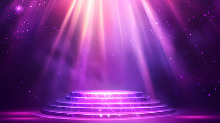 Minimalist stage with podium and crystal light refraction on purple background, ideal for event, presentation or conference concepts. crystalpath. illustration. Crystalpath. Illustration